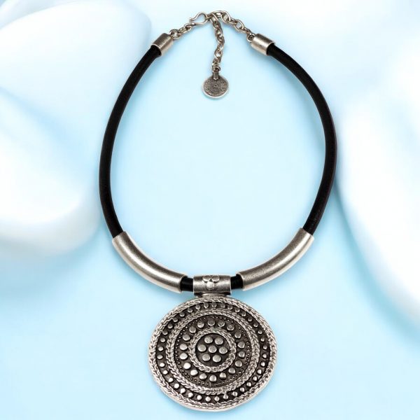 Hand Made Pewter & Leather Necklace Plated in 925 Silver - SKU# ZNL-011