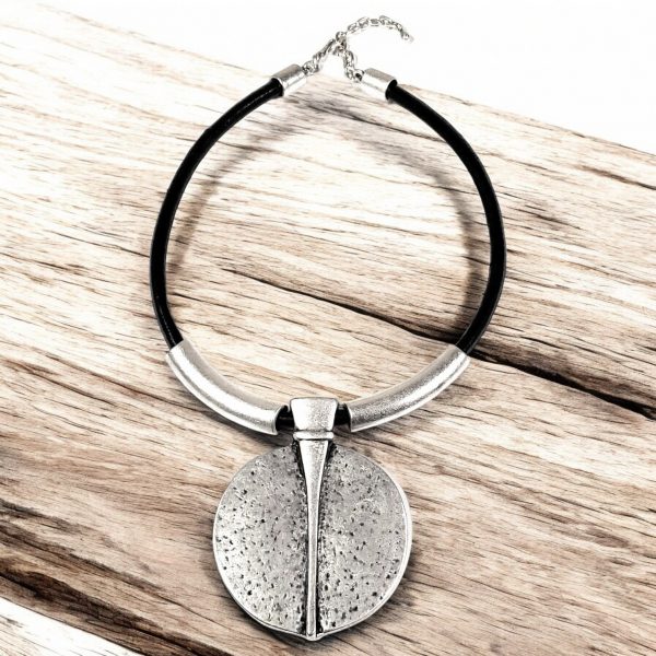 Hand Made Pewter & Leather Necklace Plated in 925 Silver - SKU# ZNL-043