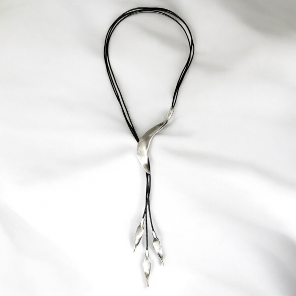 Hand Made Pewter & Leather Necklace Plated in 925 Silver - SKU# ZNL-054