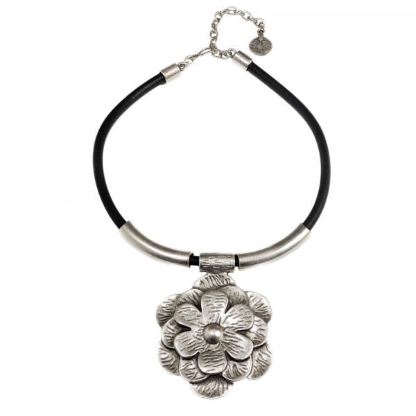 Hand Made Pewter & Leather Necklace Plated in 925 Silver - SKU# ZNL-057 - Image 2