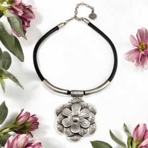 Hand Made Pewter & Leather Necklace Plated in 925 Silver - SKU# ZNL-057