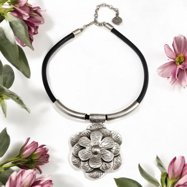 Hand Made Pewter & Leather Necklace Plated in 925 Silver - SKU# ZNL-057