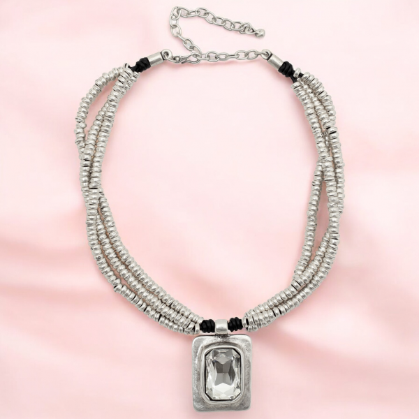 Hand Made Pewter & Leather Necklace Plated in 925 Silver - SKU# ZNL-114