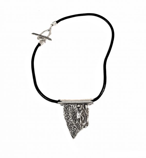 Hand Made Pewter & Leather Necklace Plated in 925 Silver - SKU# ZNL-040
